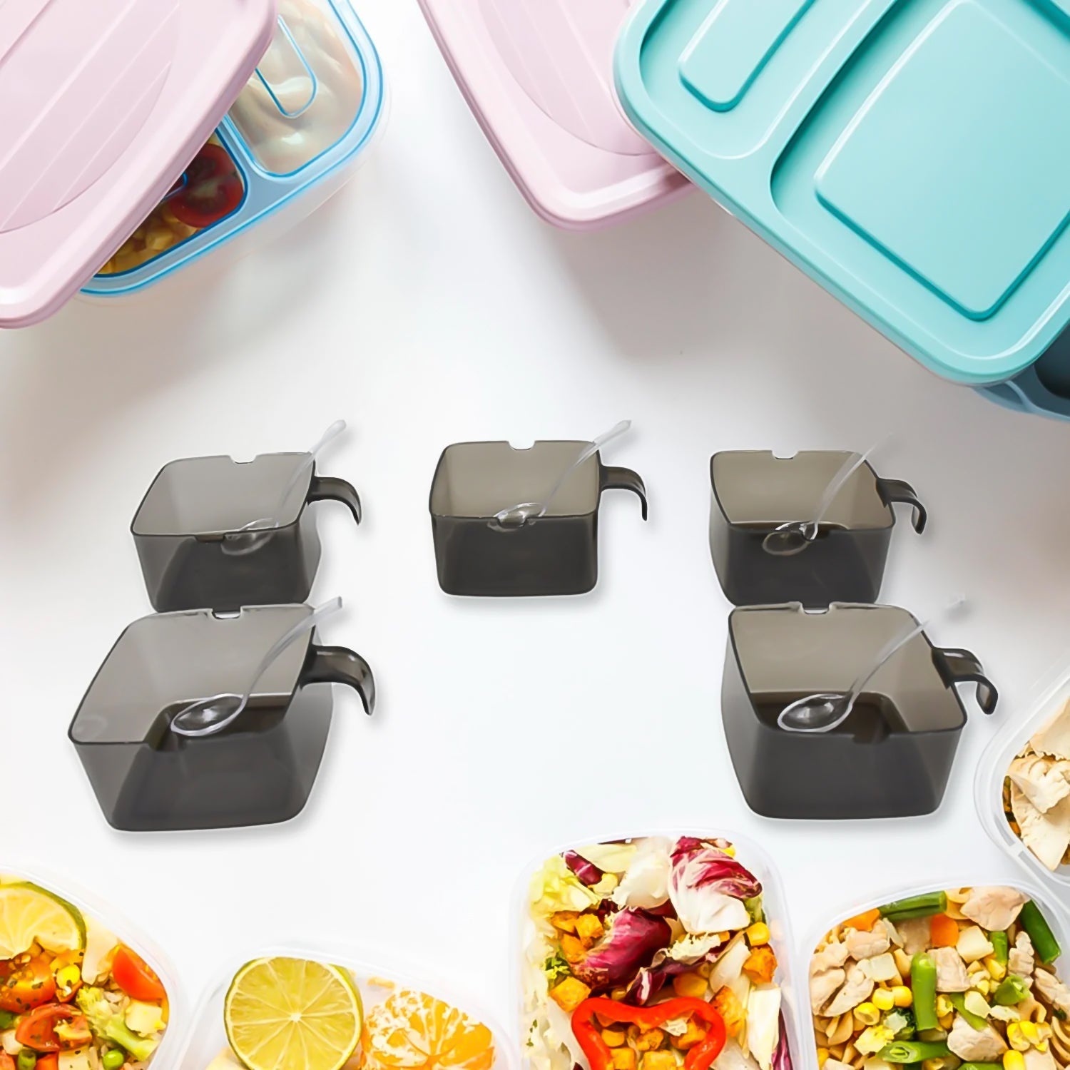 Rotating Spice Jars Vertical Rotatable Seasoning Box 5 Section  Tier With 5 Spoon (1 Set) Rotating Spice Jars Vertical Rotatable Seasoning Box 5 Section  Tier With 5 Spoon (1 Set)